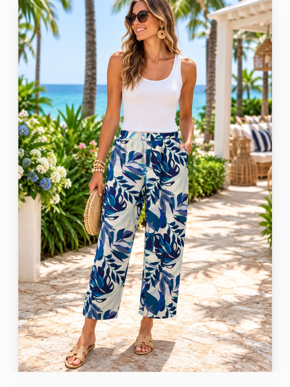 New C&C California Linen Ankle Length Tropical Print Pants Resortwear‎ Vacation - Picture 5 of 5